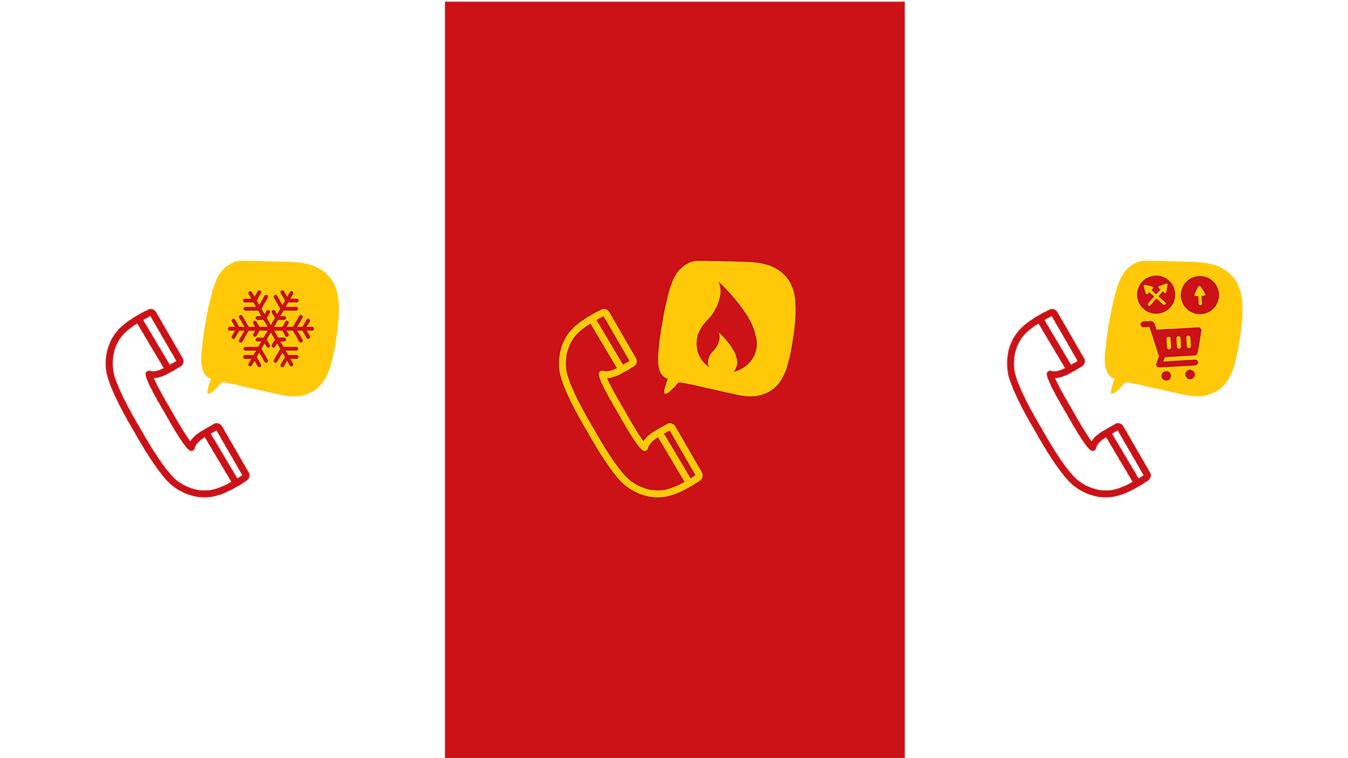 Auf der linken Bildseite ist ein Telefonhörer zu sehen und neben ihm eine Schneeflocke, in der Mitte ein Telefonhörer und daneben eine Flamme und auf der rechten Seite ein Telefonhörer mit einer Sprechblase mit einem Einkaufswagen.