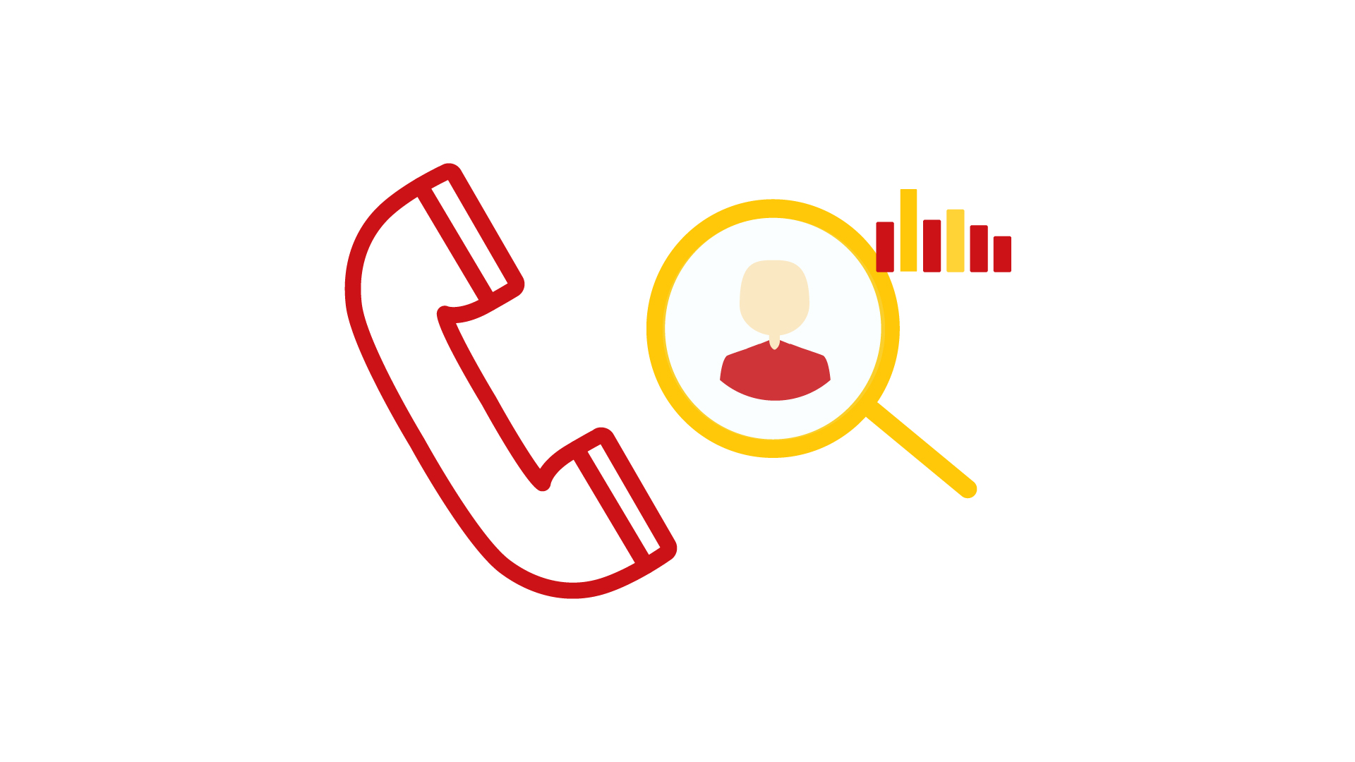 Es ist ein roter Telefonhörer zu sehen, neben dem rechts eine Lupe mit einem Kunden innhalb sowie Balken zu sehen sind.