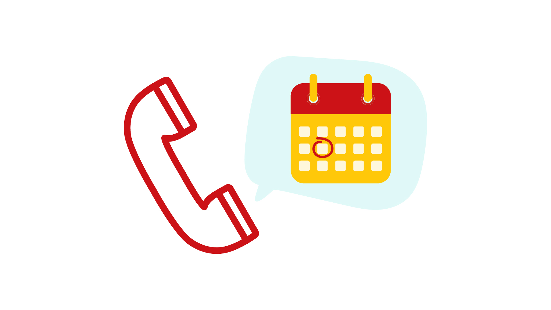 Neben einem roten Telefonhörer ist eine Sprechblase mit einem Kalender abgebildet, in dem ein Tag makiert ist, an dem ein Kunde besonders gut für einen Verkauf erreicht werden kann.